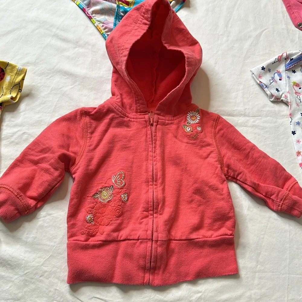 Koala Kids 6-9 month bundle. Purple and Pink onesies, bathing suit, and jacket.